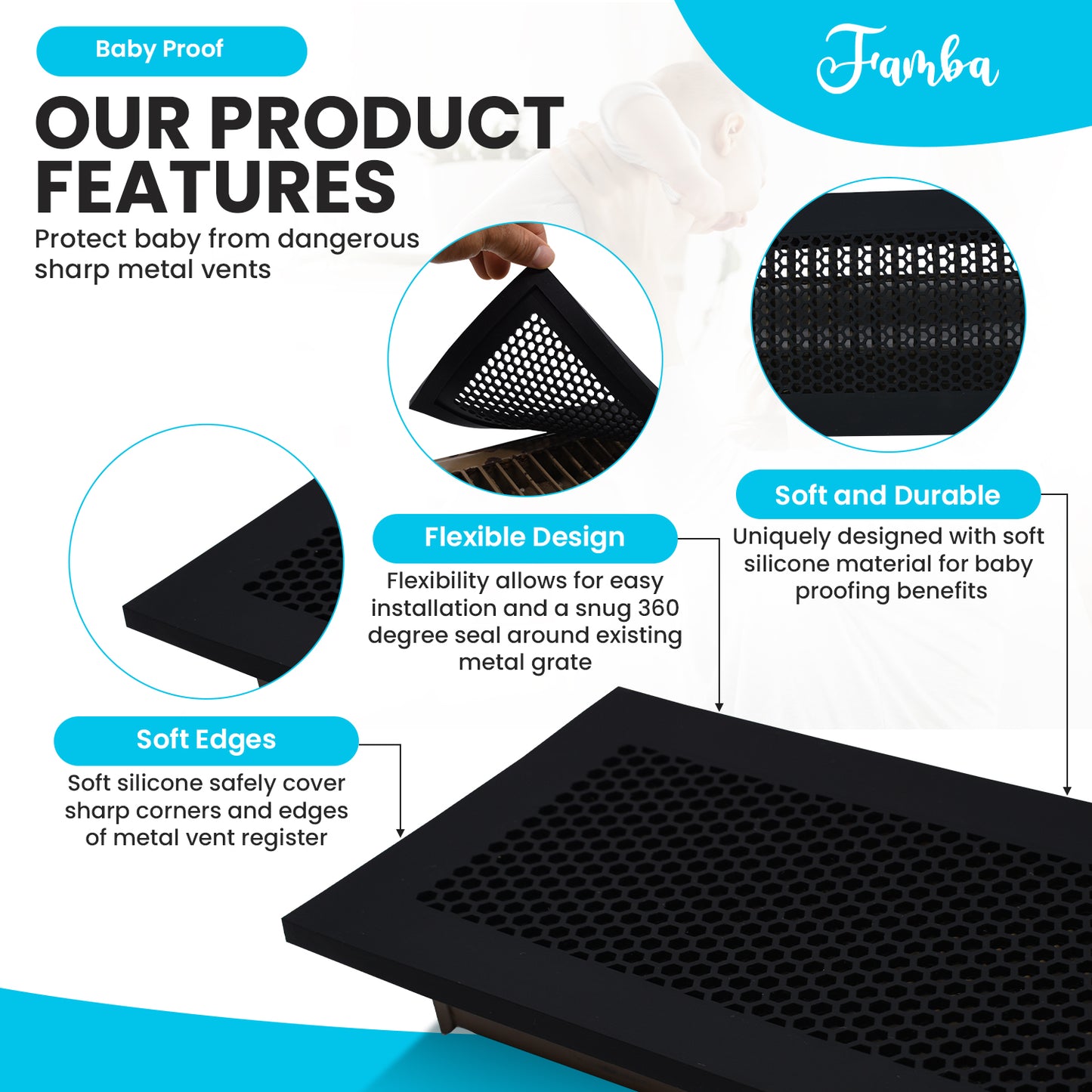 Vent Hugger Baby Proofing Silicone Vent Cover for Home Floor (Black) Fits 4"x10" Vent openings