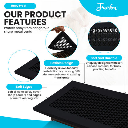 Vent Hugger Baby Proofing Silicone Vent Cover for Home Floor (Black) Fits 4"x10" Vent openings