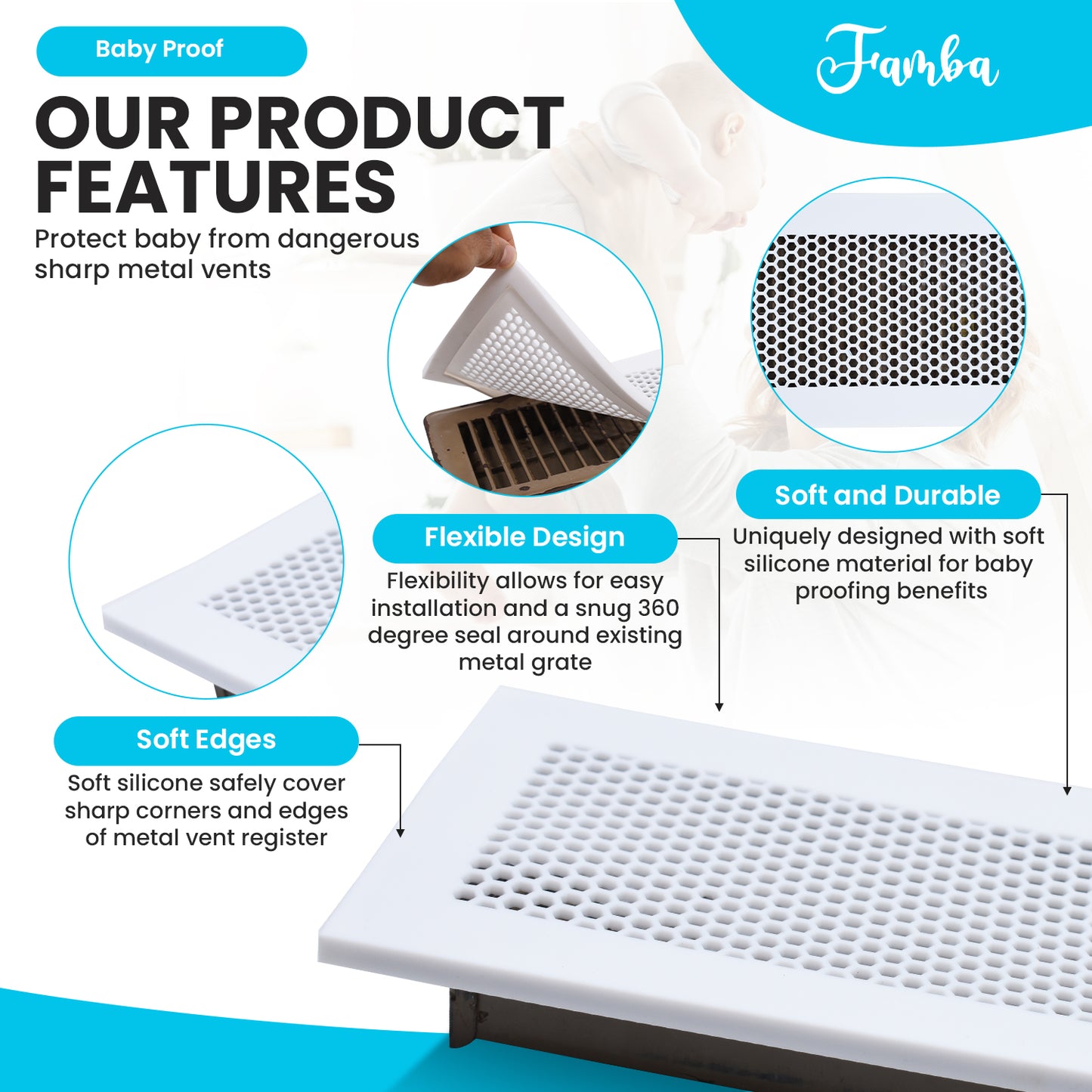 Vent Hugger Baby Proofing Silicone Vent Cover for Home Floor (White) Fits 4"x10" Vent openings