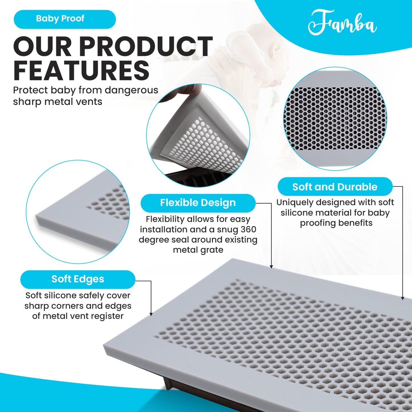 Vent Hugger- Baby Proofing Silicone Vent Cover for Home Floor (Gray) Fits 4"x10" Vent openings
