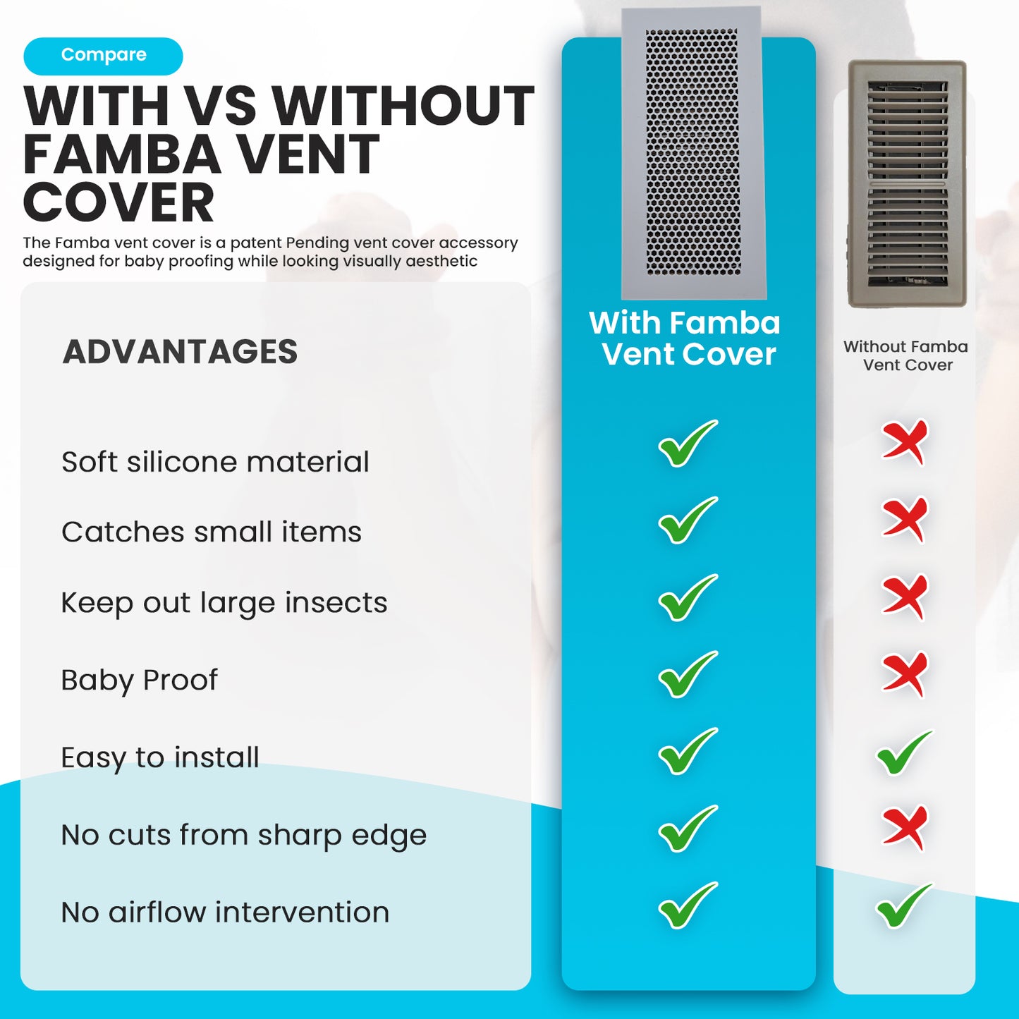 Vent Hugger- Baby Proofing Silicone Vent Cover for Home Floor (Gray) Fits 4"x10" Vent openings