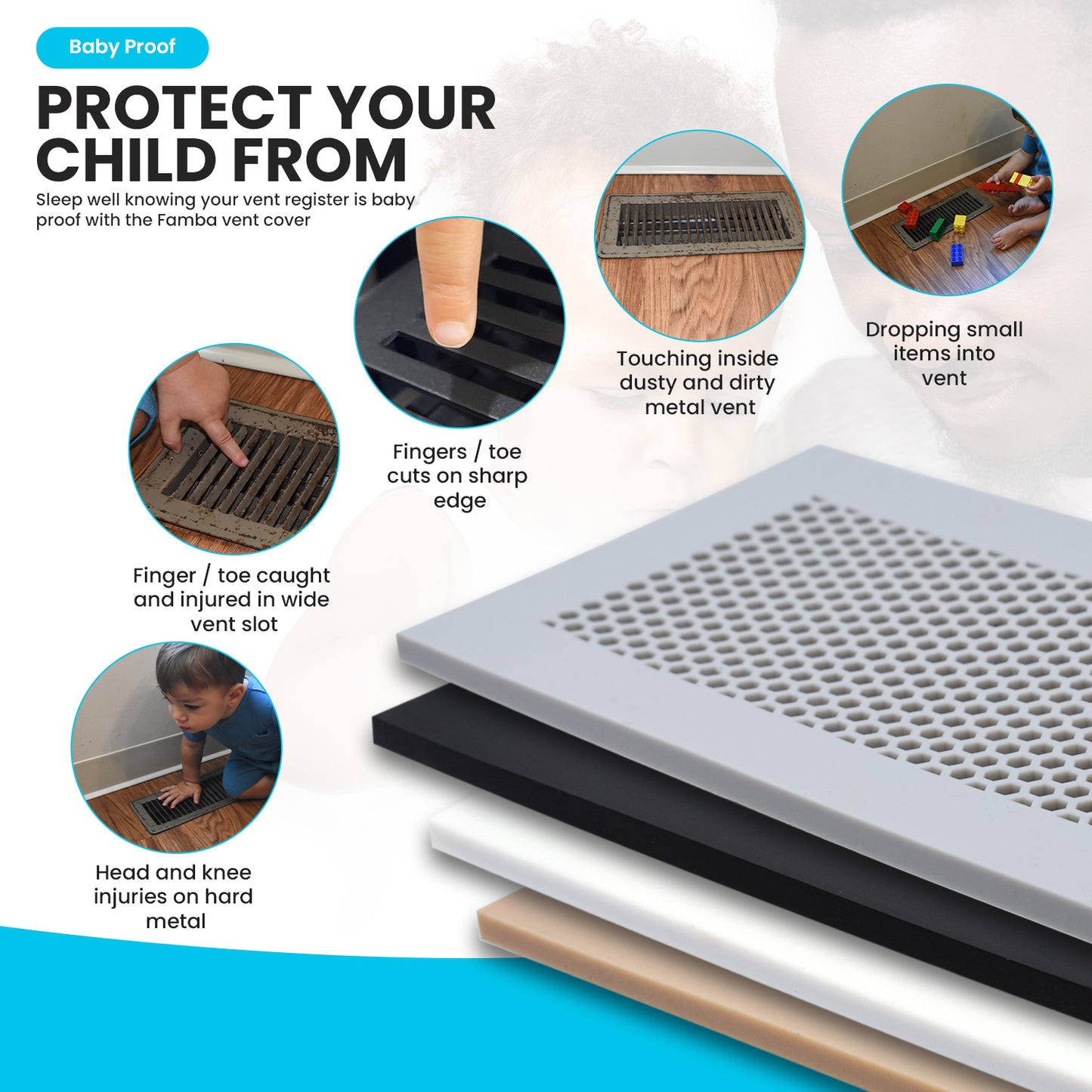 Vent Hugger- Baby Proofing Silicone Vent Cover for Home Floor (Gray) Fits 4"x10" Vent openings
