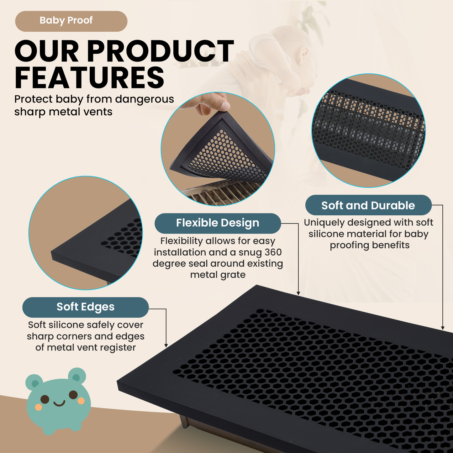 Vent Hugger - Baby Proofing Silicone Vent Cover for Home Floor (Grey) Fits 4"x10" Vent openings