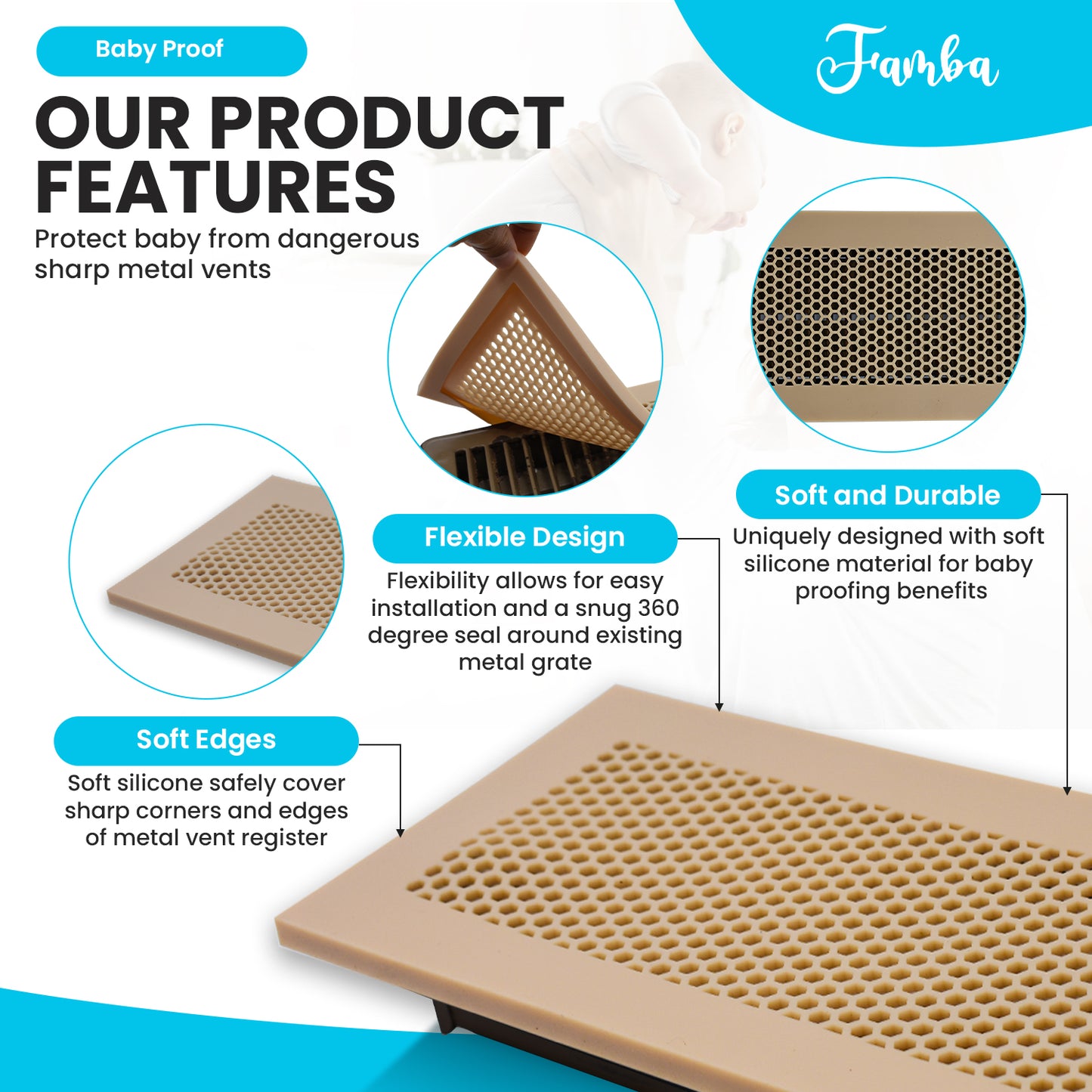 Vent Hugger - Baby Proofing Silicone Vent Cover for Home Floor (Beige) Fits 4"x10" Vent openings
